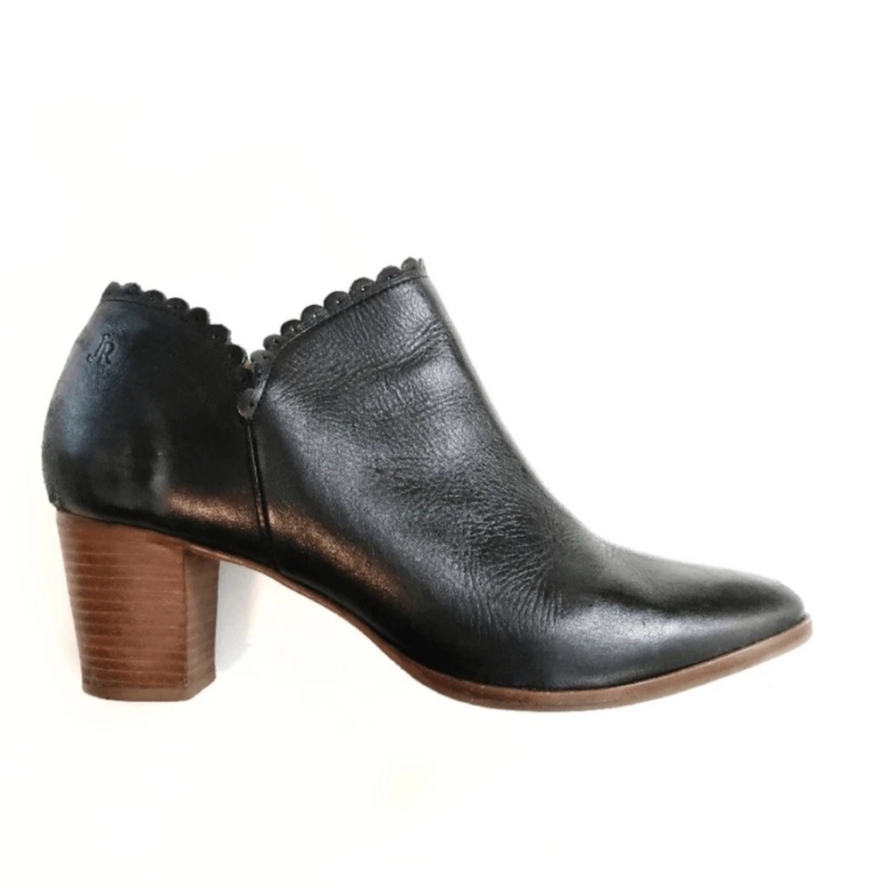 Jack Rogers Marianne Scalloped Ankle Bootie Black Leather Block Heel Black Sz8